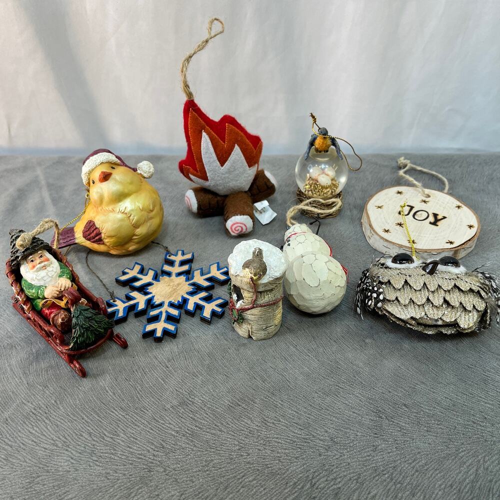 Rustic Nature Christmas Ornaments Lot of 9 Birds Wood Snowman Santa Campfire